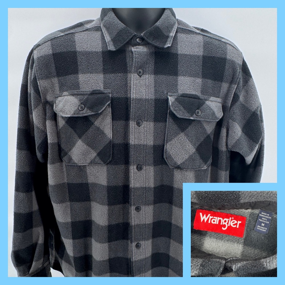 Wrangler Men's Gray Black Buffalo Plaid Fleece Button Up‎ Shirt Jacket Size M